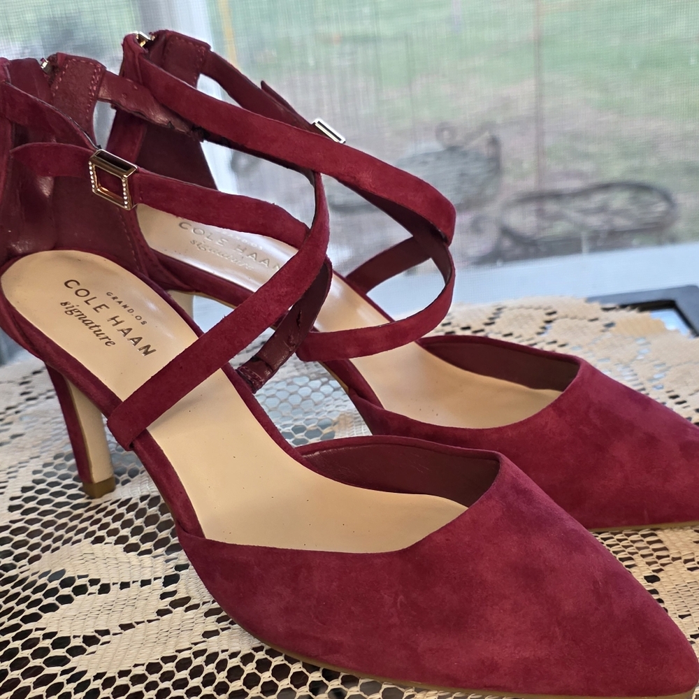 Cole Haan Juliana Burgandy Suede Strappy Pointed Toe Pumps Gold Details size 6B - Picture 2 of 9